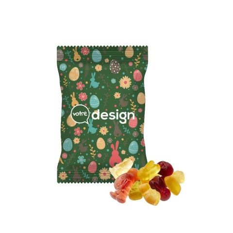 Sachet 10g publicitaire opaque de bonbons en gommes de fruits spécial Pâques