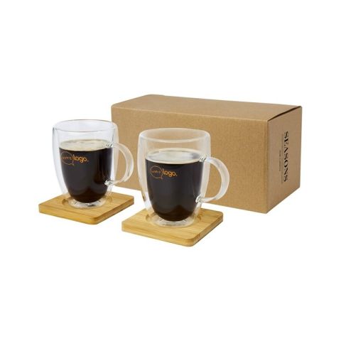 coffret publicitaire 2 tasses de 350 ml à double paroi en verre avec sous-verre en bambou - Manti