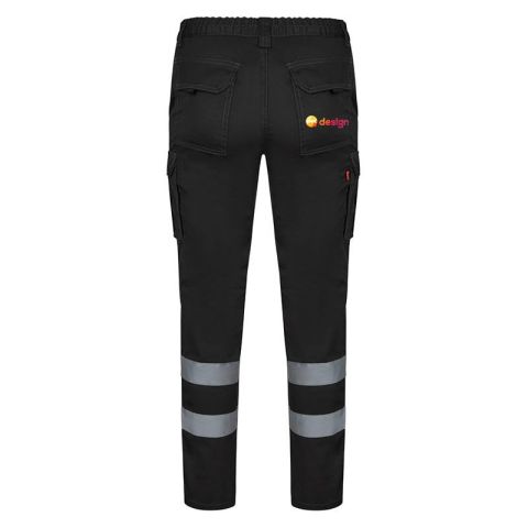 Pantalon stretch multipoches personnalisé, coton et polyester, bandes réfléchissantes