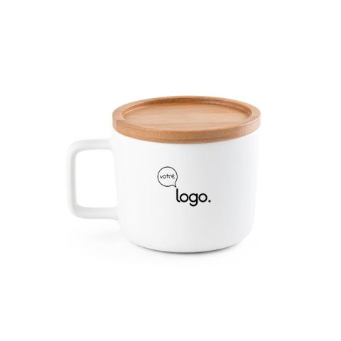 Tasse en céramique 250 ml avec couvercle et base en bambou personnalisé FANGIO.