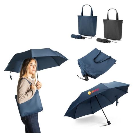 Parapluie pliant personnalisé 2 en 1 avec sac shopping recyclé
