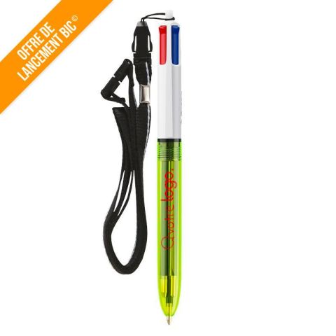 Stylo 4 couleurs BIC® personnalisable avec surligneur fluo et cordon – Fluo Bille