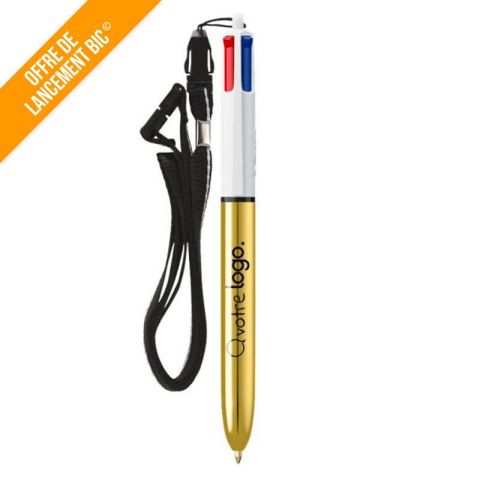 Stylo 4 couleurs BIC® personnalisable encres métalliques brillantes avec cordon – Shine