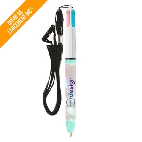 Stylo 4 couleurs BIC® personnalisables encres tendances avec cordon – Fashion