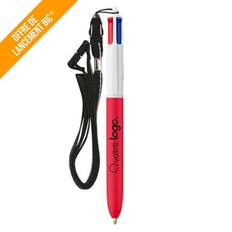 Stylo 4 couleurs BIC®  toucher doux avec cordon personnalisable – Soft 