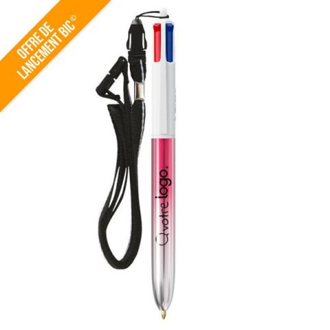 Stylo 4 couleurs BIC® bicolore personnalisable avec cordon