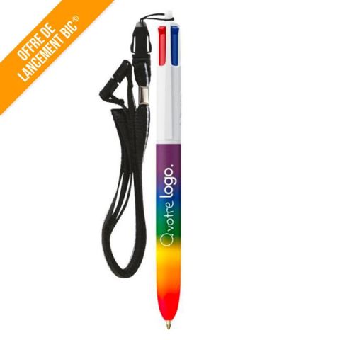 Stylo 4 couleurs BIC® personnalisable arc-en-ciel avec cordon – Rainbow 