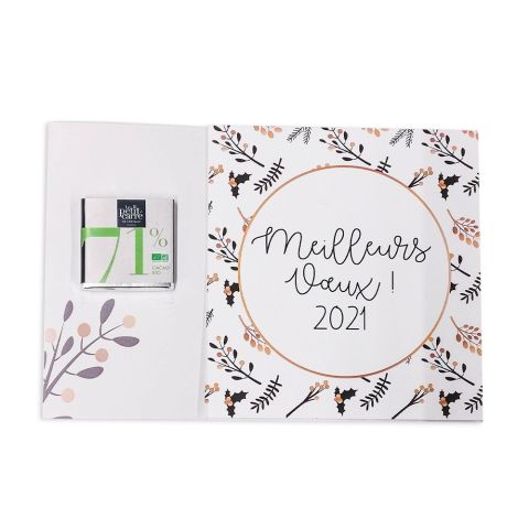 Carte de voeux publicitaire pré-décoré avec carré de chocolat noir 71% BIO ®Le Petit Carré.