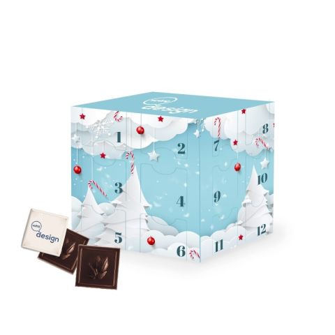 Calendrier de l’Avent cubique publicitaire avec bagues de chocolat personnalisées ®Le petit carré