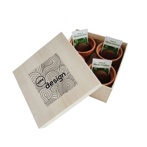 Coffret publicitaire de 4 plantes aromatique en bois