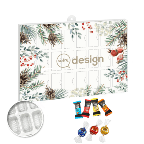 Calendrier de l'avent publicitaire Premium cadeau BUSINESS avec Lindor de Lindt & Hello Mini Stick de Lindt