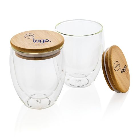 Set de 2 verres publicitaire double paroi 250ml avec couvercle en bambou