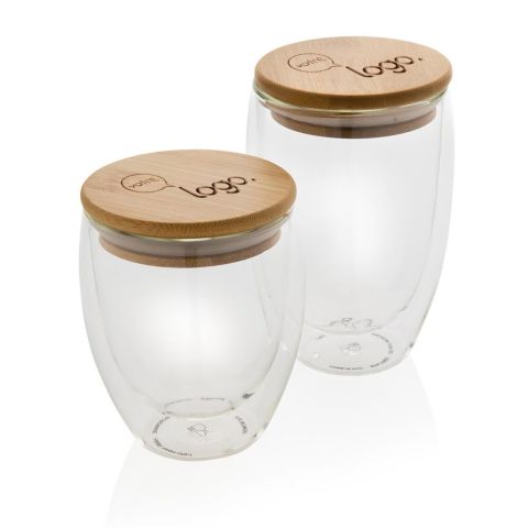 Set de 2 Verres double paroi 350ml avec couvercle publicitaire en bambou