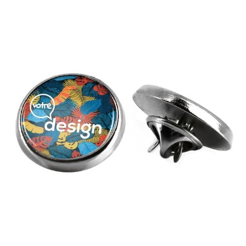 Pin's publicitaire rond avec attache papillon