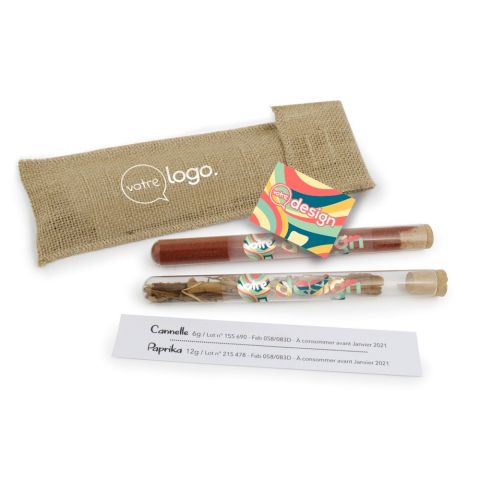 Tubes d'épices en verre dans un pochon en jute personnalisé
