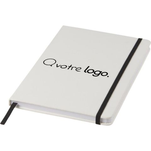 Carnet de notes blanc A5 Spectrum avec élastique de couleur publicitaire