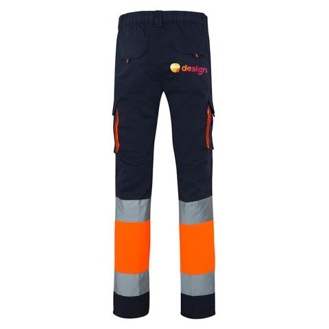 Pantalon stretch bicolore personnalisé, multipoches et bandes réfléchissantes