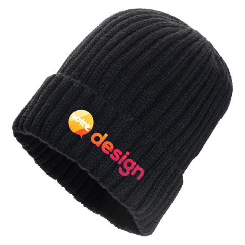 Bonnet Pryor personnalisé en polyester recyclé avec revers et côtes étroites